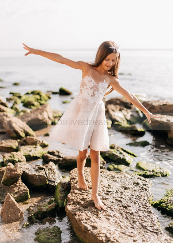 White Lace V Back Flower Girl Dress